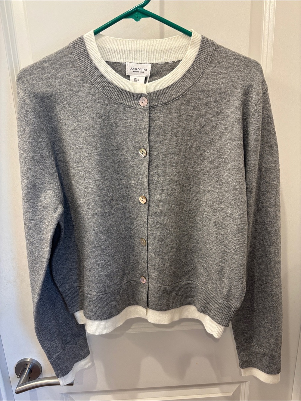 NWT Song of Style Gray Crewneck Cardigan with White Trim- L